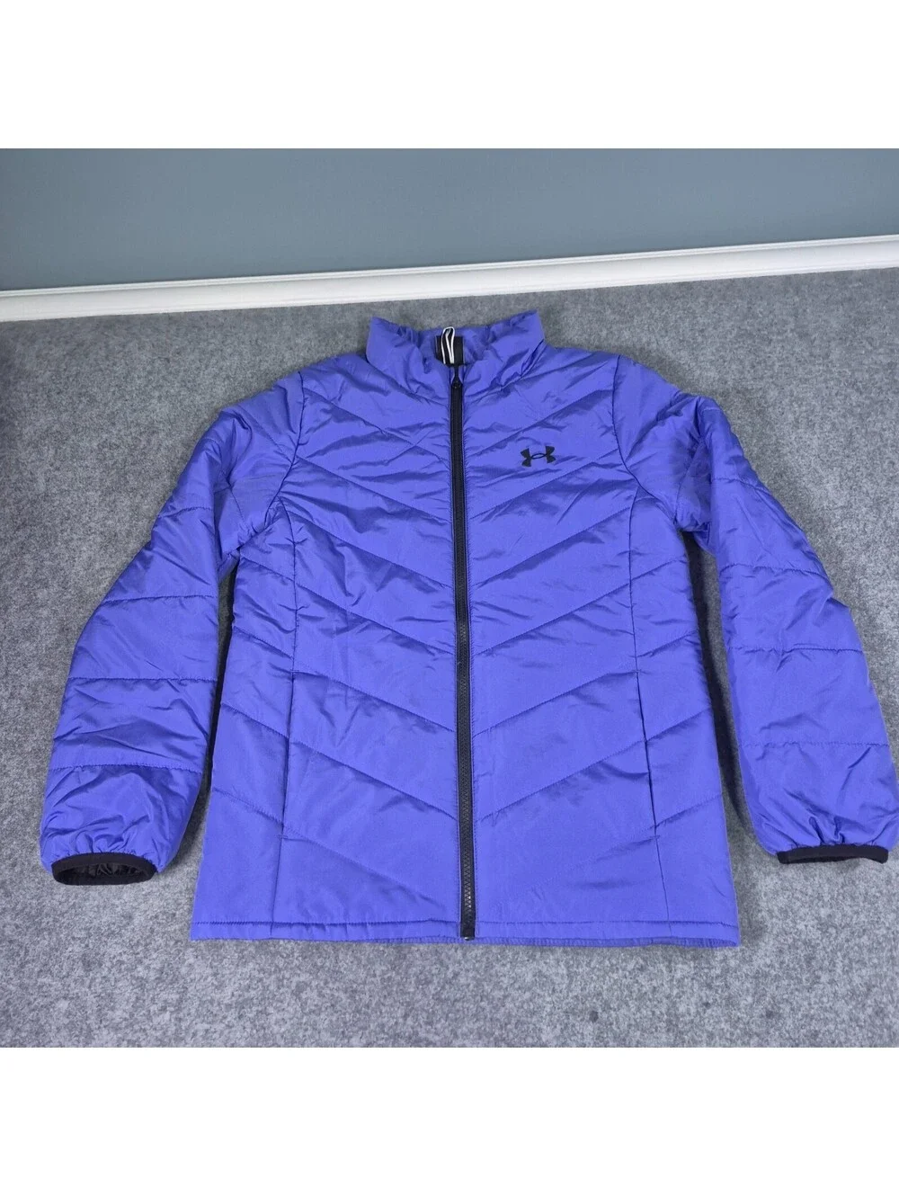 Boys Under Armour Puffer Jacket Youth L Blue Full Zip Hooded Warm Winter Youth